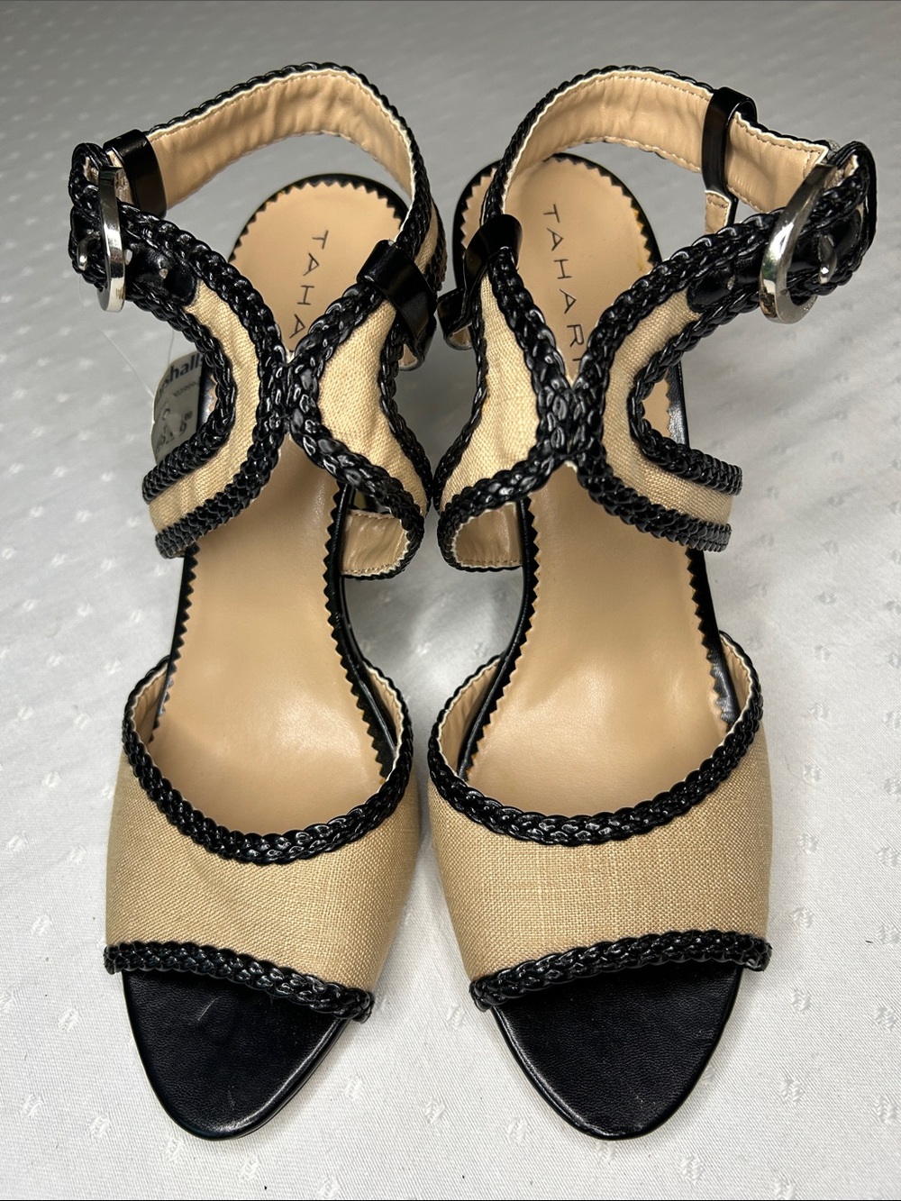 Tahari Beige and Black sexy and stylish Braided Strap Open-Toe Heels